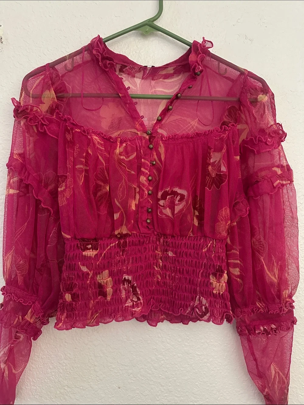 Free People Fuchsia Pink Sheer Ruffle Floral Blouse
